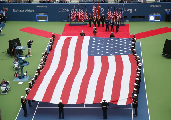 US Marine Corps unfurling American Flag during the opening ceremony of the US Open 2015 women s final