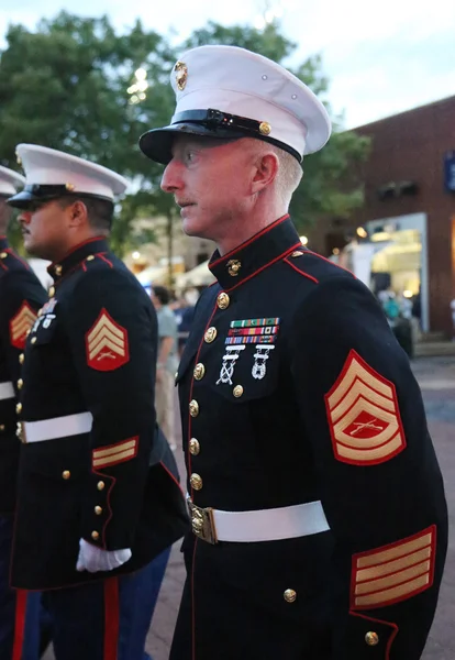 United States Marine Corps officers at Billie Jean King National Tennis Center before unfurling the American flag prior US Open 2015 men\'s fina