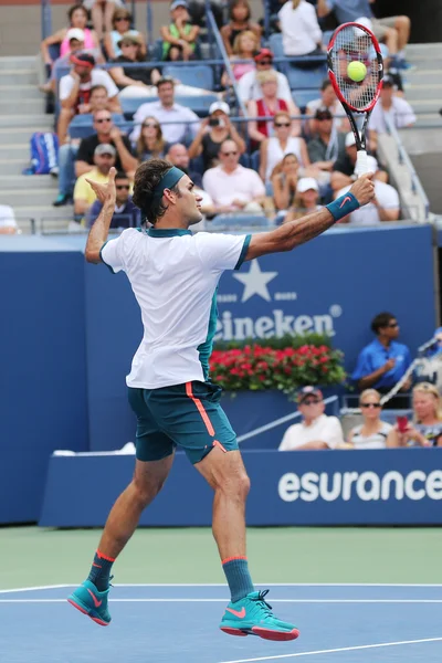 Seventeen times Grand Slam champion Roger Federer of Switzerland in action during his first round match at US Open 2015
