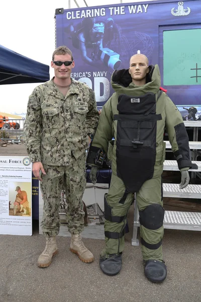 Navy Explosive Ordnance Disposal specialist with bomb squad suit during Fleet Week 2015