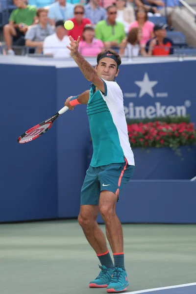 Seventeen times Grand Slam champion Roger Federer of Switzerland in action during his third round match at US Open 2015