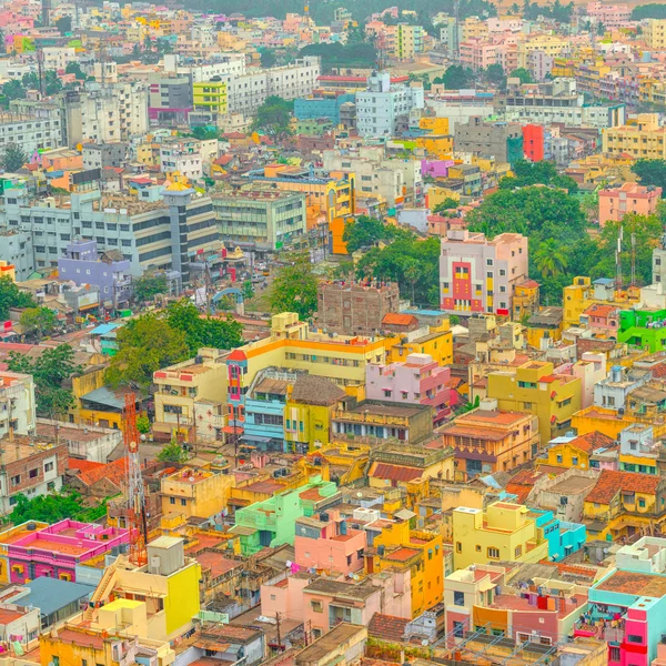 Aerial view of colorful homes Indian city Trichy, Tamil Nadu