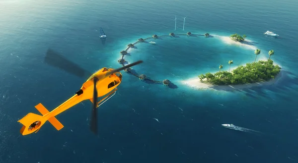 Summer tropical island. Small helicopter flying to private paradise tropical island with wind turbines energy and bungalows