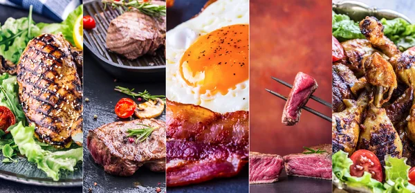 Grill Food. Grill meat - chicken, beef and  bacon. Grill sirloin steak, chicken breast - chicken legs. Grill bacon and egg - english breakfast. Vegetable decoration. Collage of delicious grilled close-up. Advantageous banners 5 in 1