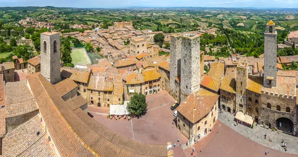 Aerial wide-angle view of the historic town of San Gimignano, Tuscany, Italy