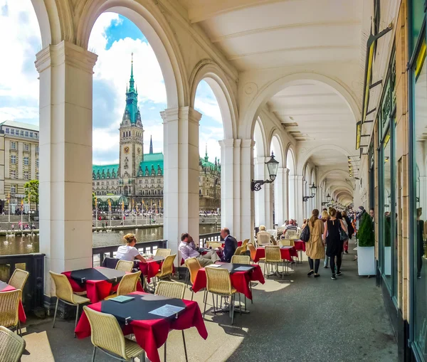 Hamburg city center with coffee shop and town hall, Germany