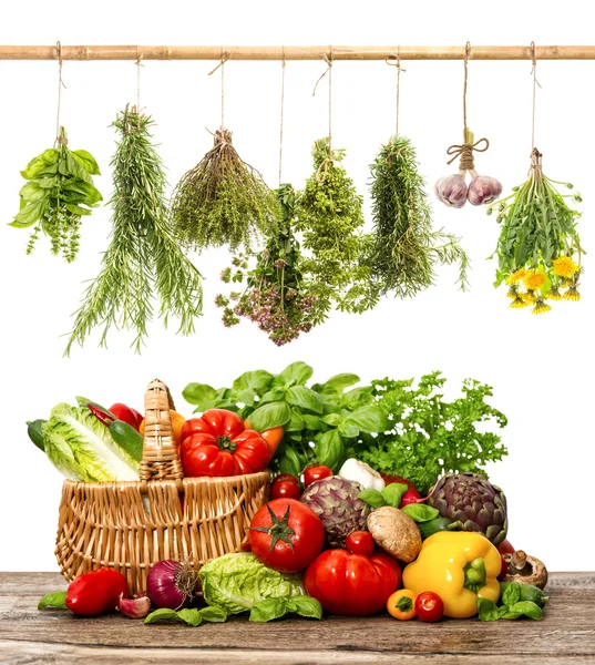 Vegetables and herbs. shopping basket. healthy food