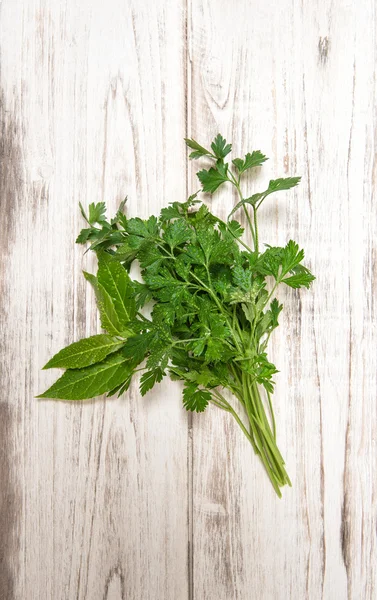 Parsley and bay laurel leaves. Fresh herbs. Healthy food ingredi