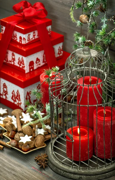 Christmas decoration gift box red candles cookies vintage