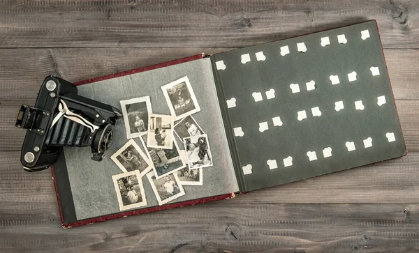 Vintage camera and photo album with old pictures