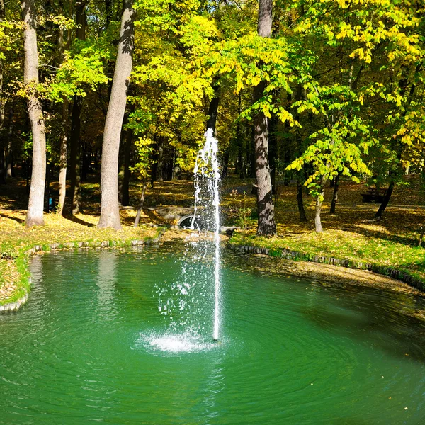 Autumn park, a pond and a small fountain