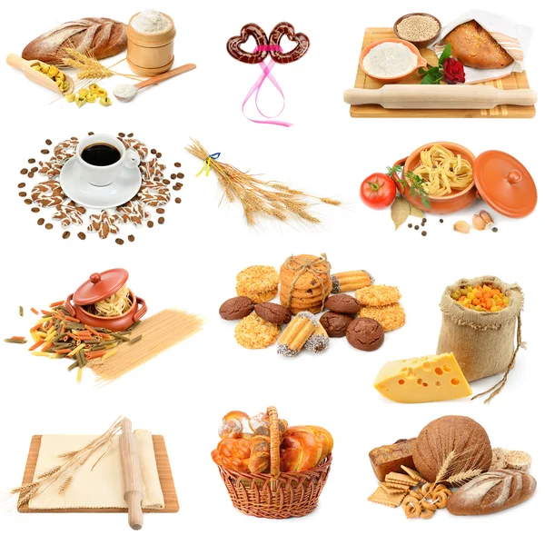 Collage of bread, pasta, cakes and biscuits isolated on white ba