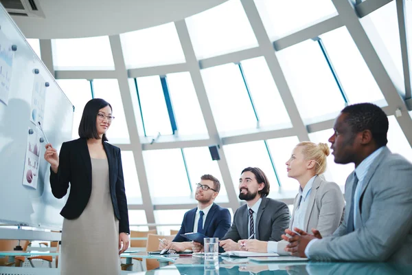 Businesswoman pointing at whiteboard