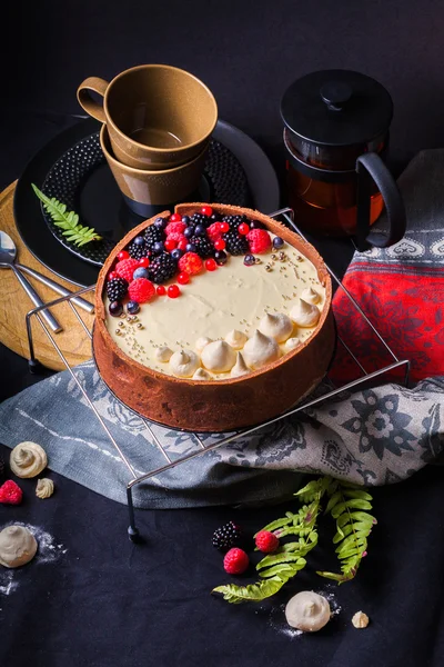 White chocolate mousse cake on a dark background.