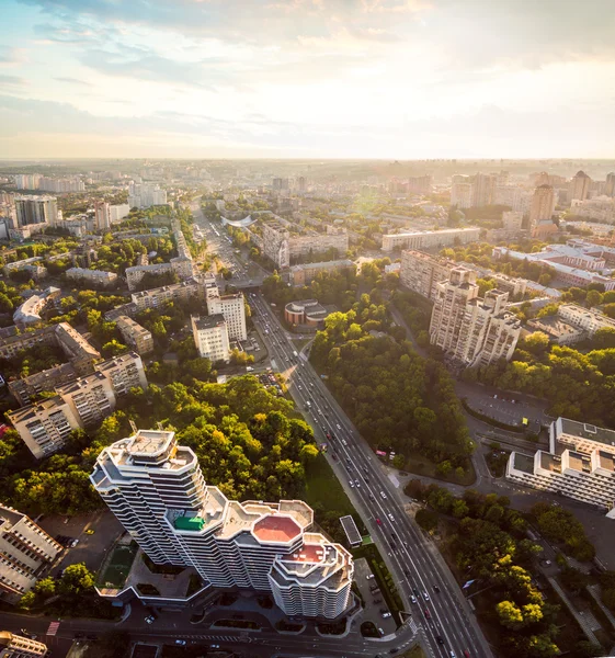 Panorama of Kiev city by the Paton bridge. Aerial view.
