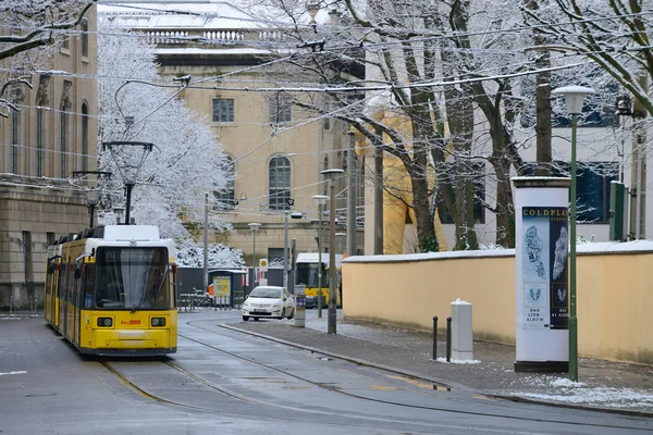 Yellow tram on city street, Berlin
