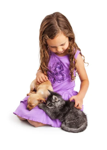 Little Girl Petting Puppy and Kitten