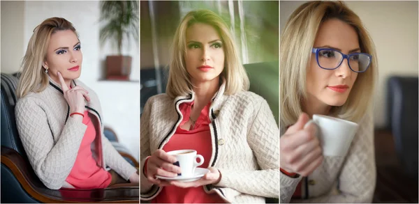Attractive sexy blonde in white sweater over pink blouse holding a cup of coffee. Portrait of sensual woman sitting on large leather armchair relaxing. Woman with long hair enjoying a coffee, indoors