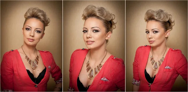 Hairstyle and Makeup, gorgeous female art portrait with beautiful eyes. Elegance. Genuine natural blonde with short hair in studio. Portrait of attractive woman with red blouse and glamorous necklace