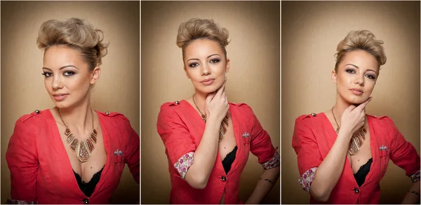 Hairstyle and Makeup, gorgeous female art portrait with beautiful eyes. Elegance. Genuine natural blonde with short hair in studio. Portrait of attractive woman with red blouse and glamorous necklace