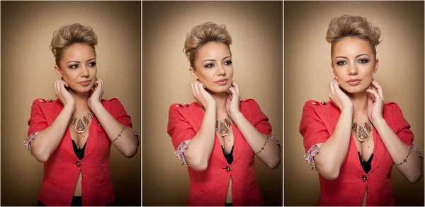 Hairstyle and Makeup, gorgeous female art portrait with beautiful eyes. Elegance. Genuine natural blonde with short hair in studio. Portrait of attractive woman with red blouse and glamorous necklace
