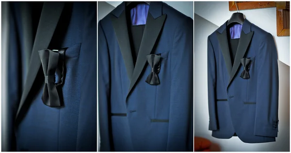 Wedding ultramarine suit and black bow. Formal groom suit with black bow-tie. Elegant blue groom's suit close up with bow tie.