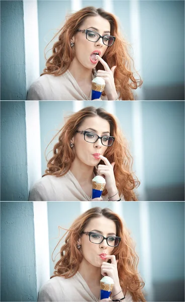 Beautiful young lady with glasses having fun enjoying an ice cream cone. Close up portrait picture of attractive redhead eating with finger ice cream. Gorgeous fashionable  girl with ice cream
