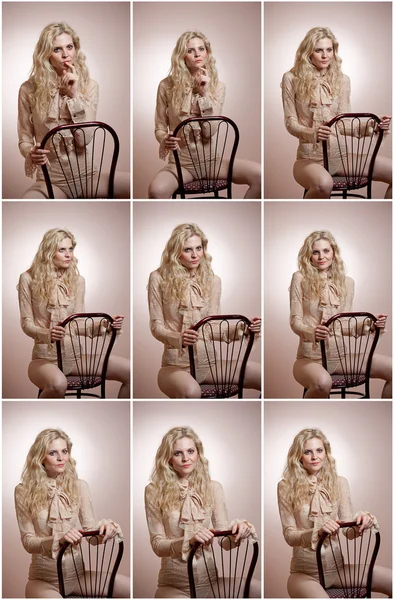 Attractive fair hair model with in elegant nude blouse sitting provocatively on chair, studio shot. Fashion portrait of a sensual blonde woman in classic blouse with long sleeves and ribbon on chair