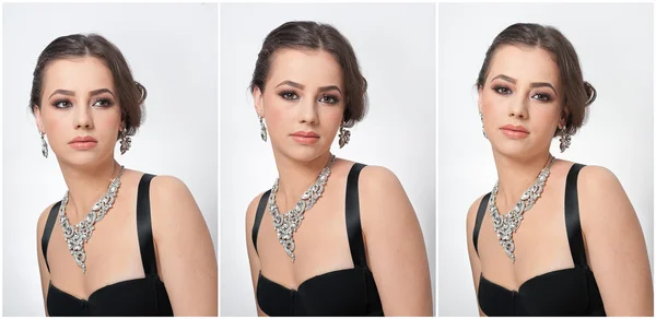 Hairstyle and make up - beautiful female art portrait with beautiful eyes. Elegance. Genuine natural brunette with jewelries in studio. Portrait of a attractive woman with red lips and creative makeup