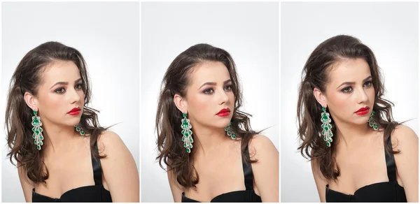 Hairstyle and make up - beautiful female art portrait with earrings. Elegance. Genuine natural brunette with jewelries in studio. Portrait of a attractive woman with red lips and creative makeup