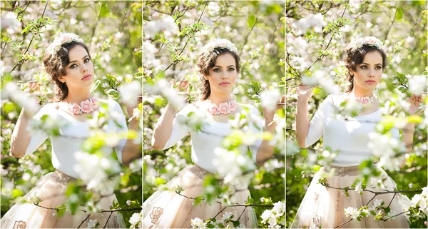 Portrait of beautiful girl posing outdoor with flowers of the cherry trees in blossom during a bright spring day. Attractive brunette woman with flowers accessories in orchard, spring shot