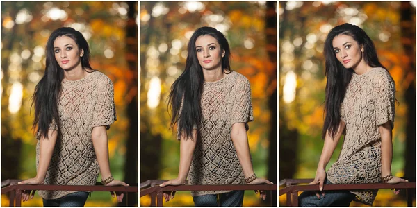 Beautiful woman in lace blouse posing in autumnal park. Young brunette woman spending time in forest during fall season. Long dark hair attractive woman smiling with faded leaves around her, outdoors
