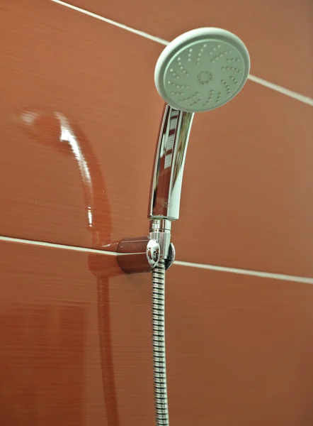 Shower head on wall with faience. Silver shower head