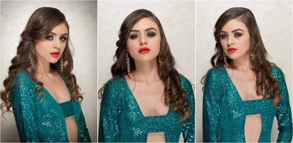 Hairstyle and Make up - beautiful female art portrait with beautiful eyes. Elegance. Long hair brunette in studio. Portrait of a attractive woman with red lips in turquoise sparkling creative blouse