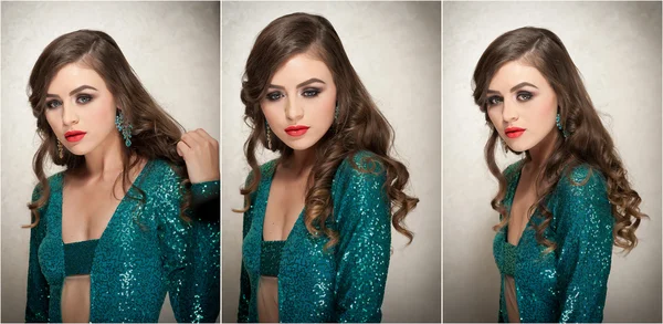 Hairstyle and Make up - beautiful female art portrait with beautiful eyes. Elegance. Long hair brunette in studio. Portrait of a attractive woman with red lips in turquoise sparkling creative blouse