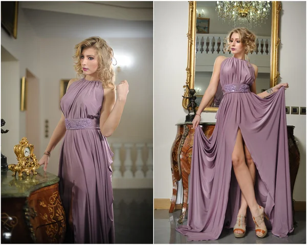 Beautiful girl in a long pink dress posing in a vintage scenery. Young gorgeous woman wearing an elegant dress with large wall mirror in background. Sensual blonde lady in pink in luxurious interior.