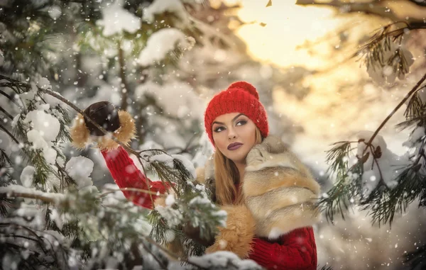 Beautiful woman in red with brown fur cape enjoying the winter scenery in forest. Blonde girl posing under snow-covered trees branches. Young female with snowflakes around in bright cold day, makeup