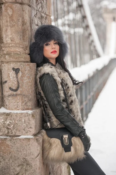 Attractive woman with black fur cap and gray waistcoat enjoying the winter. Side view of fashionable brunette girl posing against snow covered bridge. Beautiful young female with cold weather outfit