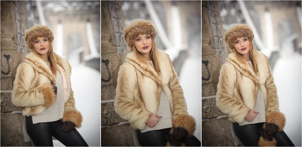 Attractive woman with brown fur cap and jacket enjoying the winter. Side view of fashionable blonde girl posing against snow covered bridge. Beautiful young female with cold weather outfit