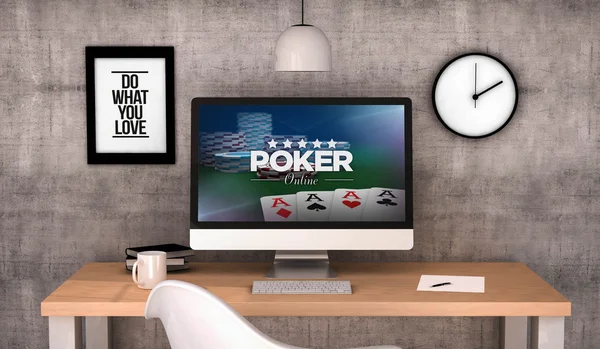 Workspace desktop with poker online on screen