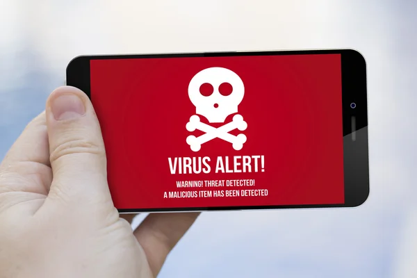 Man holding smartphone with virus