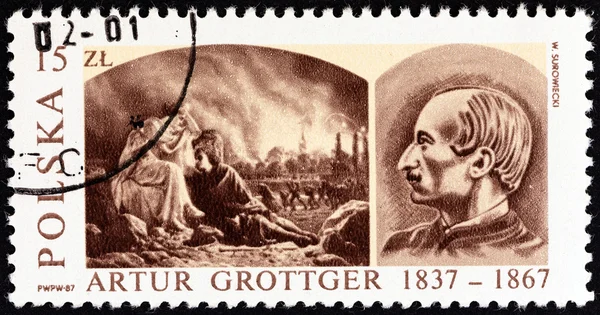POLAND - CIRCA 1987: A stamp printed in Poland issued for the 150th birth anniversary of Artur Grottger (artist) shows Ravage from War Cycle and Artur Grottger, circa 1987.