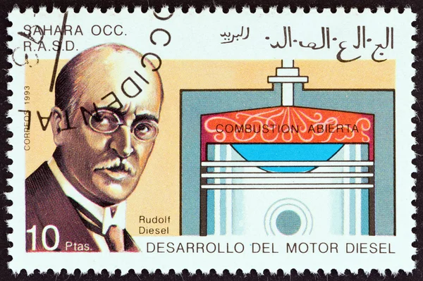 WESTERN SAHARA - CIRCA 1993: A stamp printed in Western Sahara shows Rudolf Diesel and open combustion chamber, circa 1993.