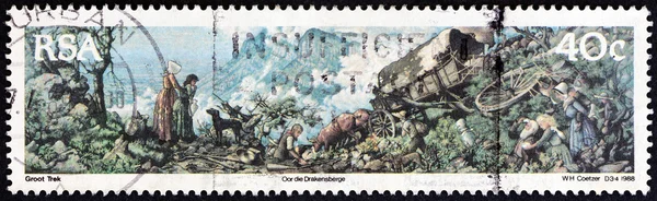 SOUTH AFRICA - CIRCA 1988: A stamp printed in South Africa issued for the 150th anniversary of Great Trek shows crossing the Drakensberg (tapestry by W. Coetzer), circa 1988.
