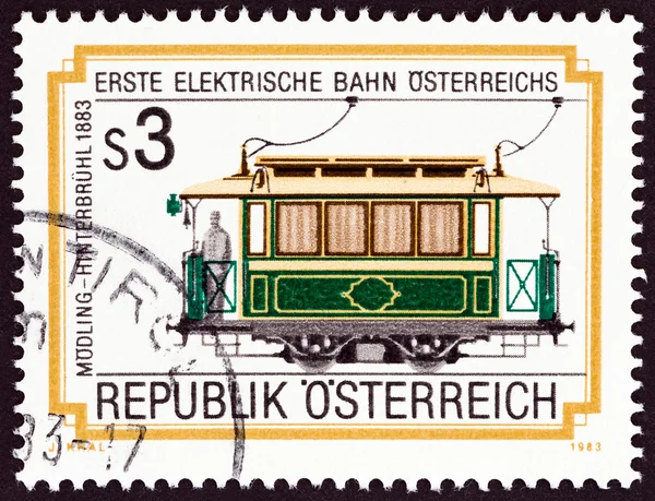 AUSTRIA - CIRCA 1983: A stamp printed in Austria issued for the centenary of Modling Hinterbruhl Electric Railway shows Tram No. 5, 1883, circa 1983.