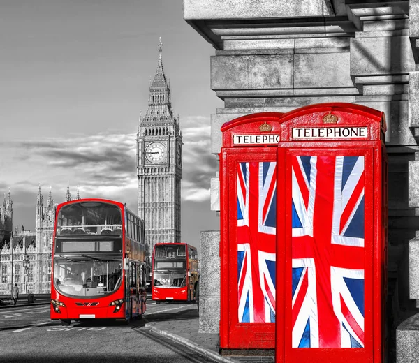 British Union flags on phone booths against Big Ben in London, England, UK