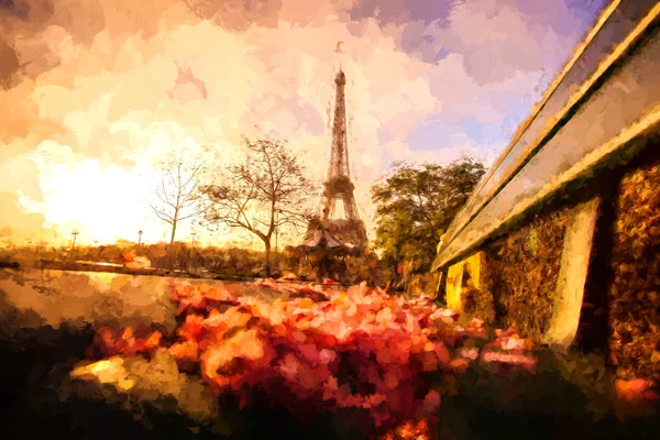 Eiffel Tower in Artwork style during spring time in Paris, France