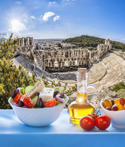 Acropolis with Greek salad in Athens, Greece