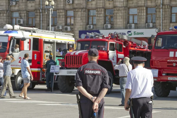 Fire engines at the exhibition stand under the open sky on the forecourt of Volgograd