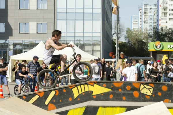 BMX cyclist performs a stunt on the ramp